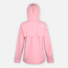 back of a light pink jacket with hood on a white background