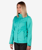 Person wearing a teal jacket on a white background