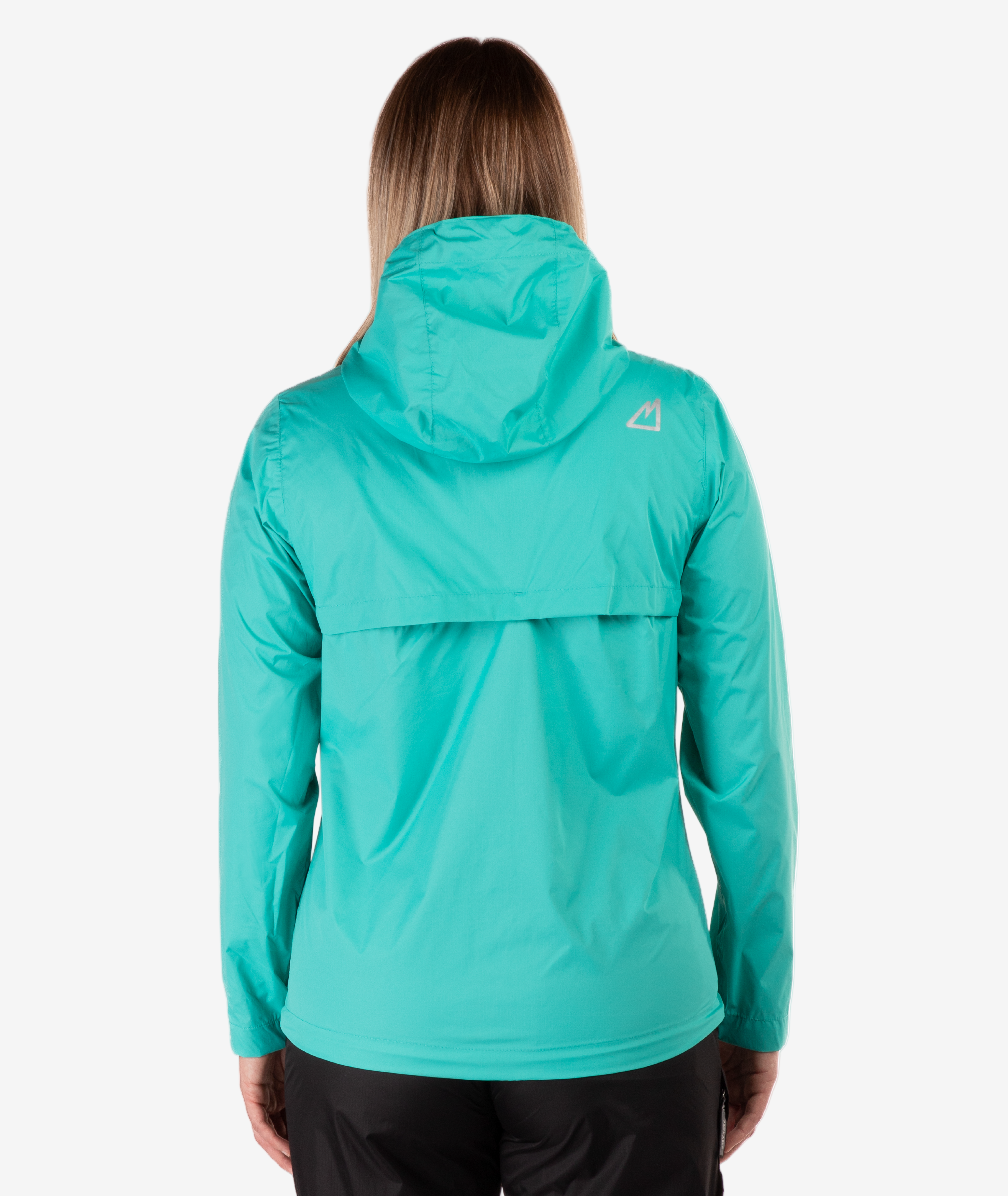 back of a Turquoise jacket worn by a person on a white background