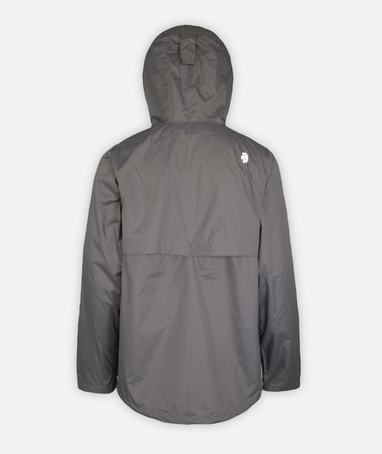back of a gray jacket with hood on a white background