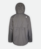 back of a gray jacket with hood on a white background