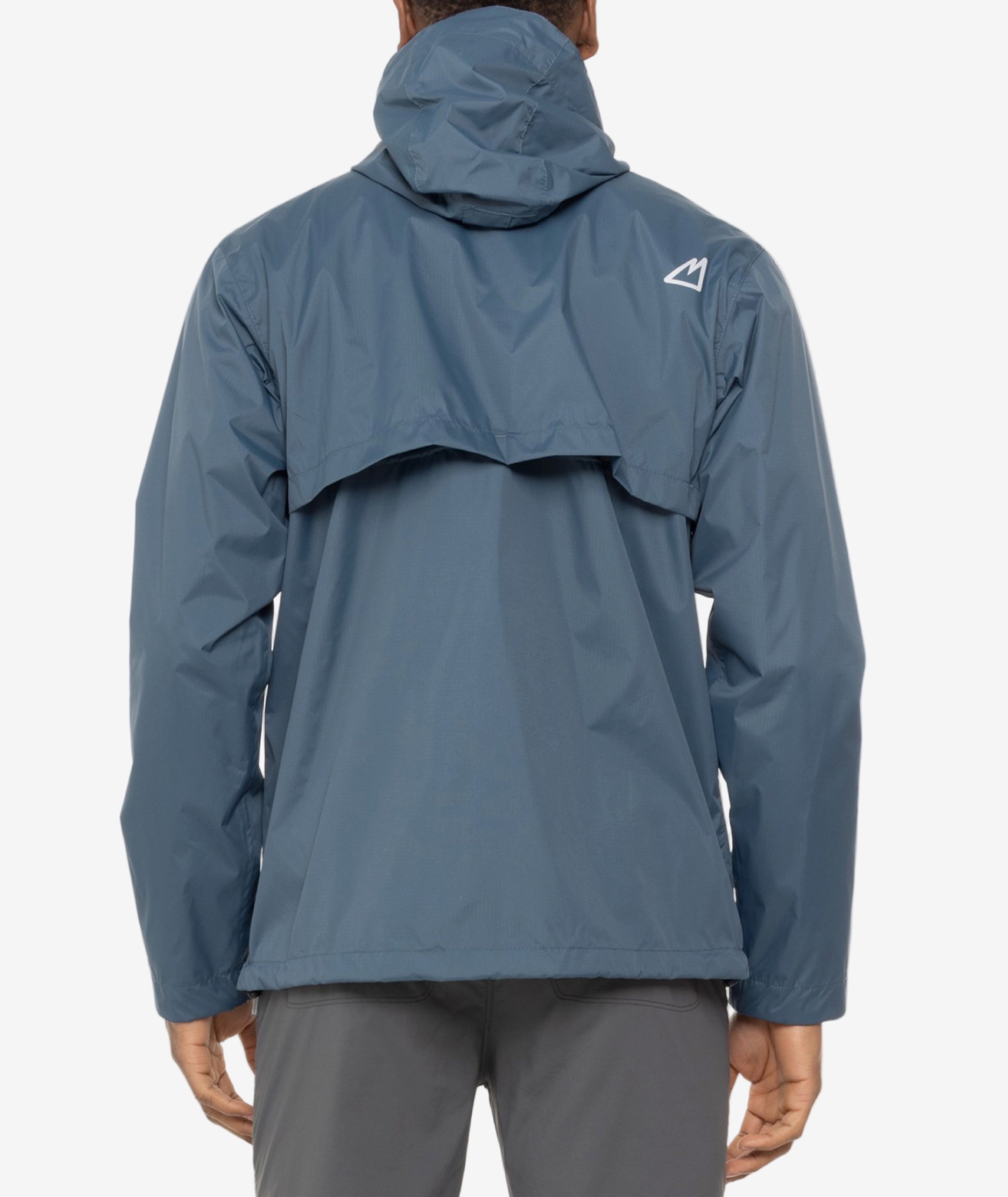 back of a blue rain jacket with a brand logo on the back, worn by a person on a white background