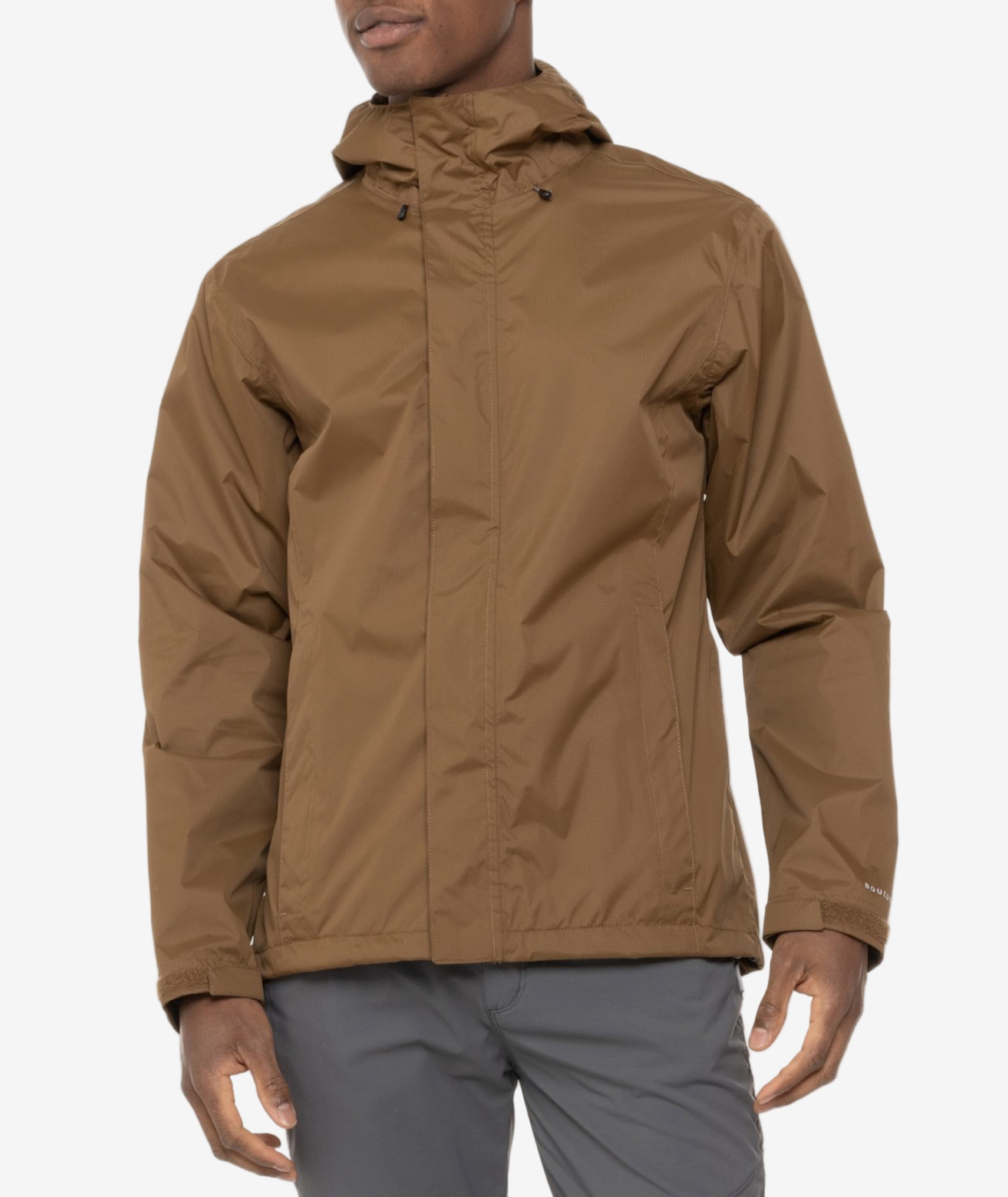 Brown rain jacket worn by a person on a white background