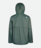 back of a green rain jacket with a brand logo on the back on a white background