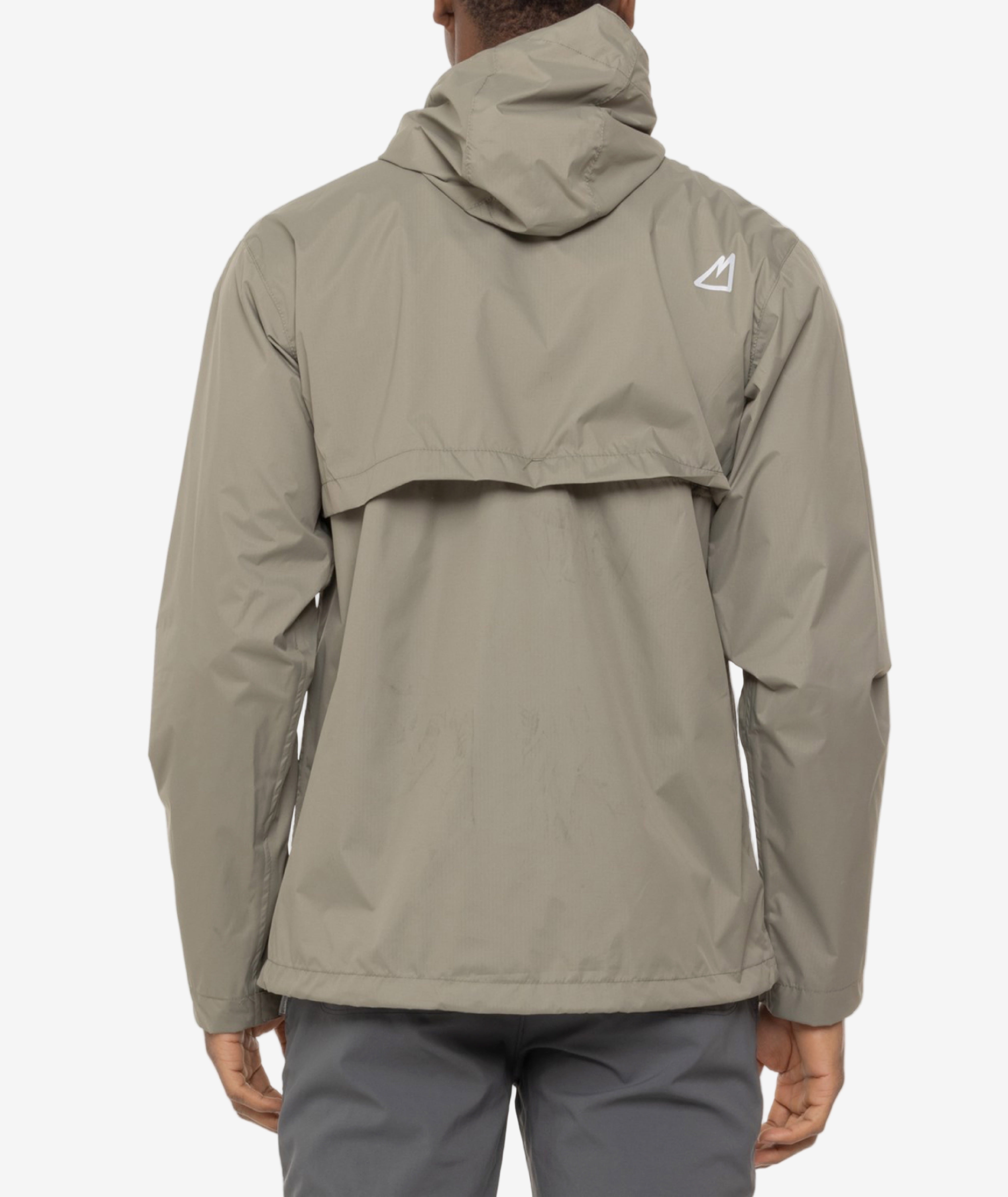 back of a person wearing a tan raincoat with a visible brand logo on a white background