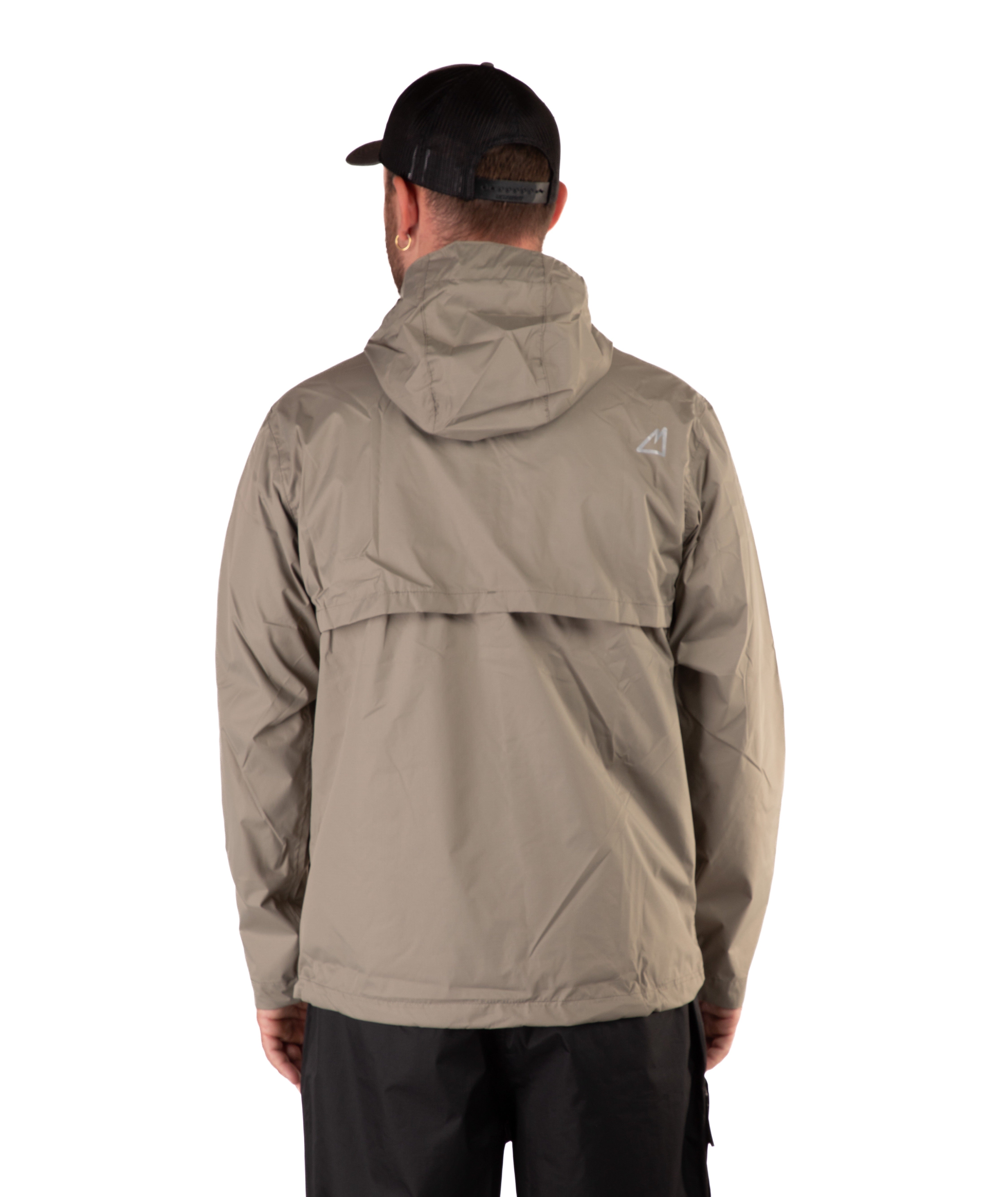 back of a Man wearing a beige raincoat and black cap on a white background
