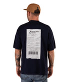 back of Man wearing a navy t-shirt with a receipt graphic and a brown cap on a white background