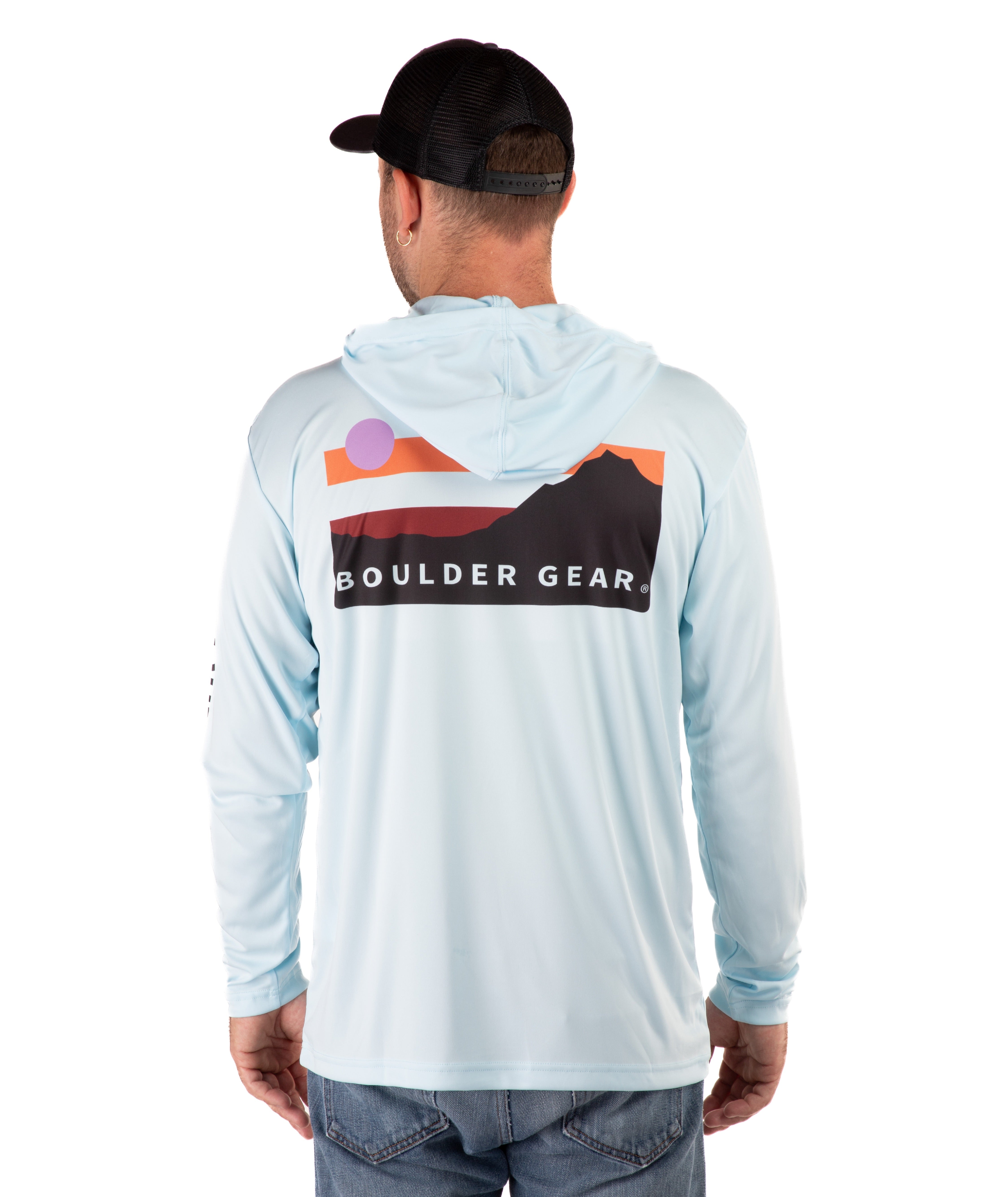 back of a Man wearing a light blue long-sleeve hooded shirt with branding on a white background