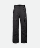 a pair of black insulated snow pants with cargo pockets on a white background.