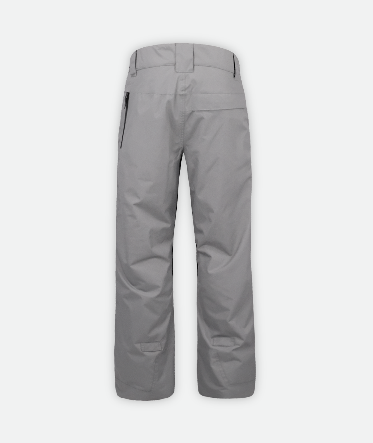 back of a pair of gray insulated snow pants with cargo pockets on a white background.