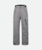 a pair of gray insulated snow pants with cargo pockets on a white background.