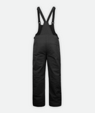 back of a pair of men's black ski bib overalls with adjustable shoulder straps, a front zipper, and additional leg cuffs.