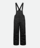 Pair of black ski bib overalls for women with adjustable shoulder straps and a snow cuff.