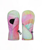 A pair of winter mittens in a pastel tie-dye pattern featuring pink, green, yellow, and blue tones, with black hook-and-loop closures, shown against a plain white background.