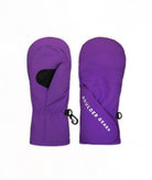 A pair of winter mittens in purple, with black hook-and-loop closures, shown against a plain white background.