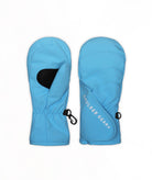 A pair of winter mittens in a light blue, shown against a plain white background.