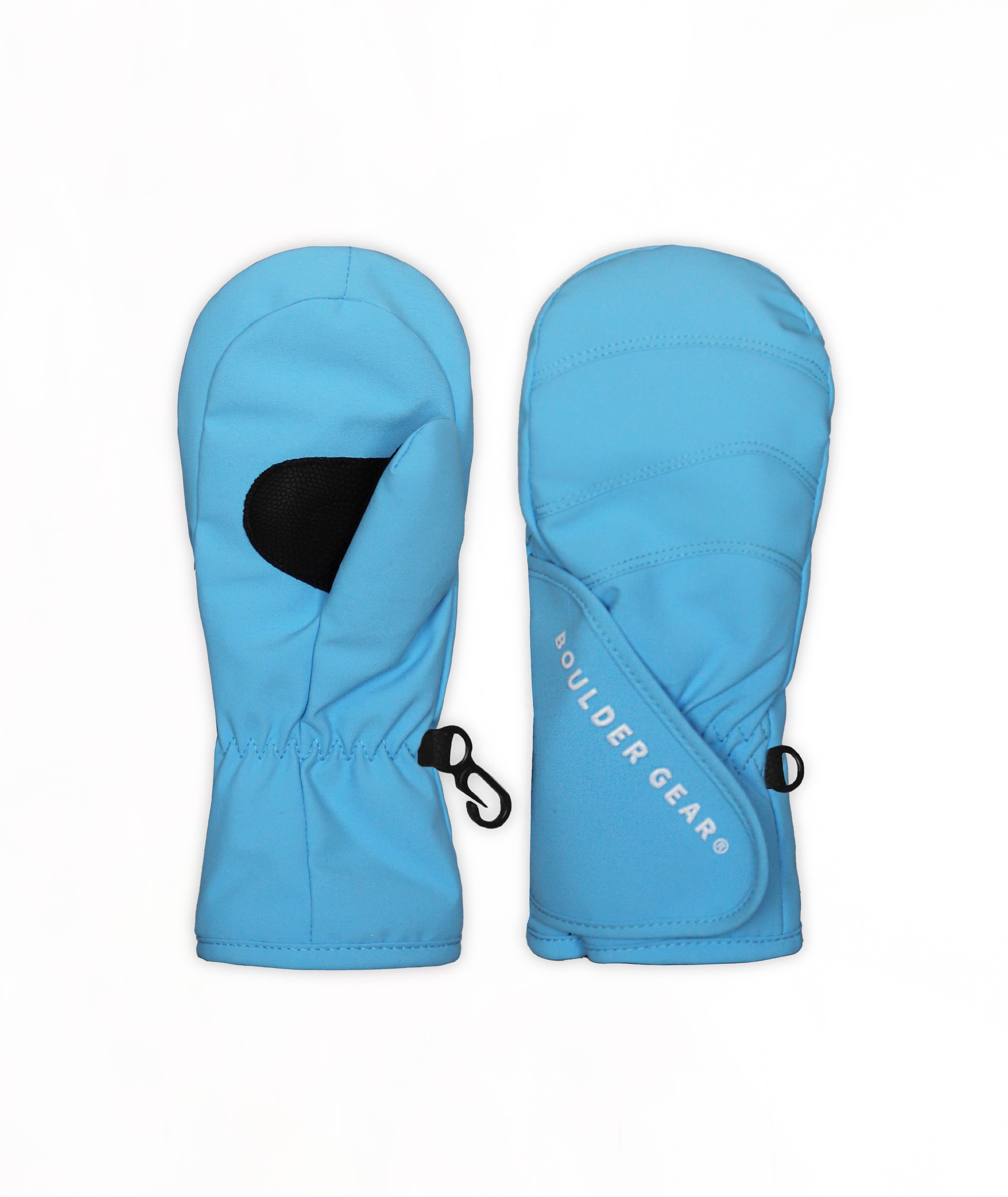 A pair of winter mittens in a light blue, shown against a plain white background.