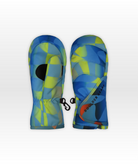 Pair of colorful mittens with a checkered pattern on a white background