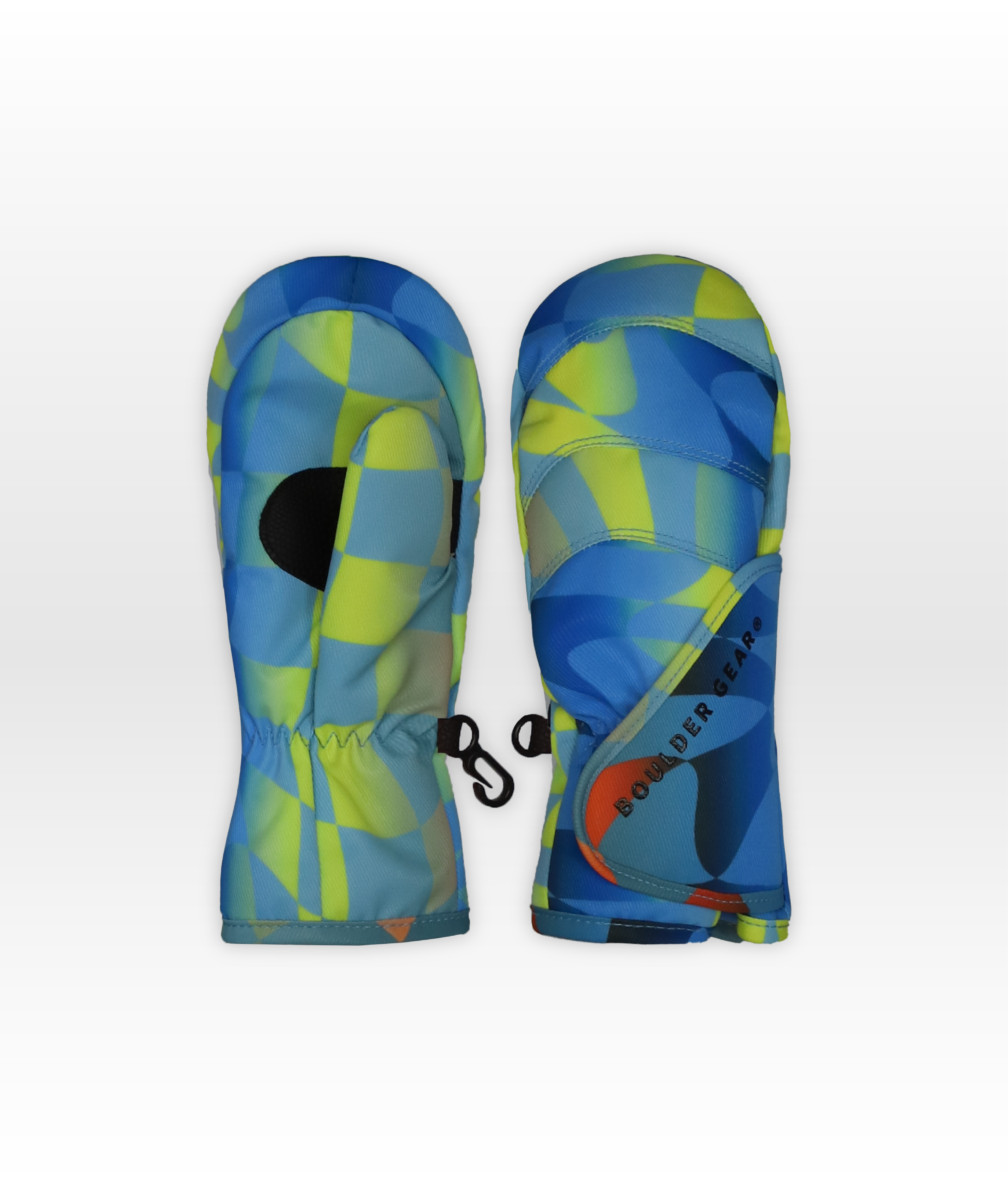 Pair of colorful mittens with a checkered pattern on a white background