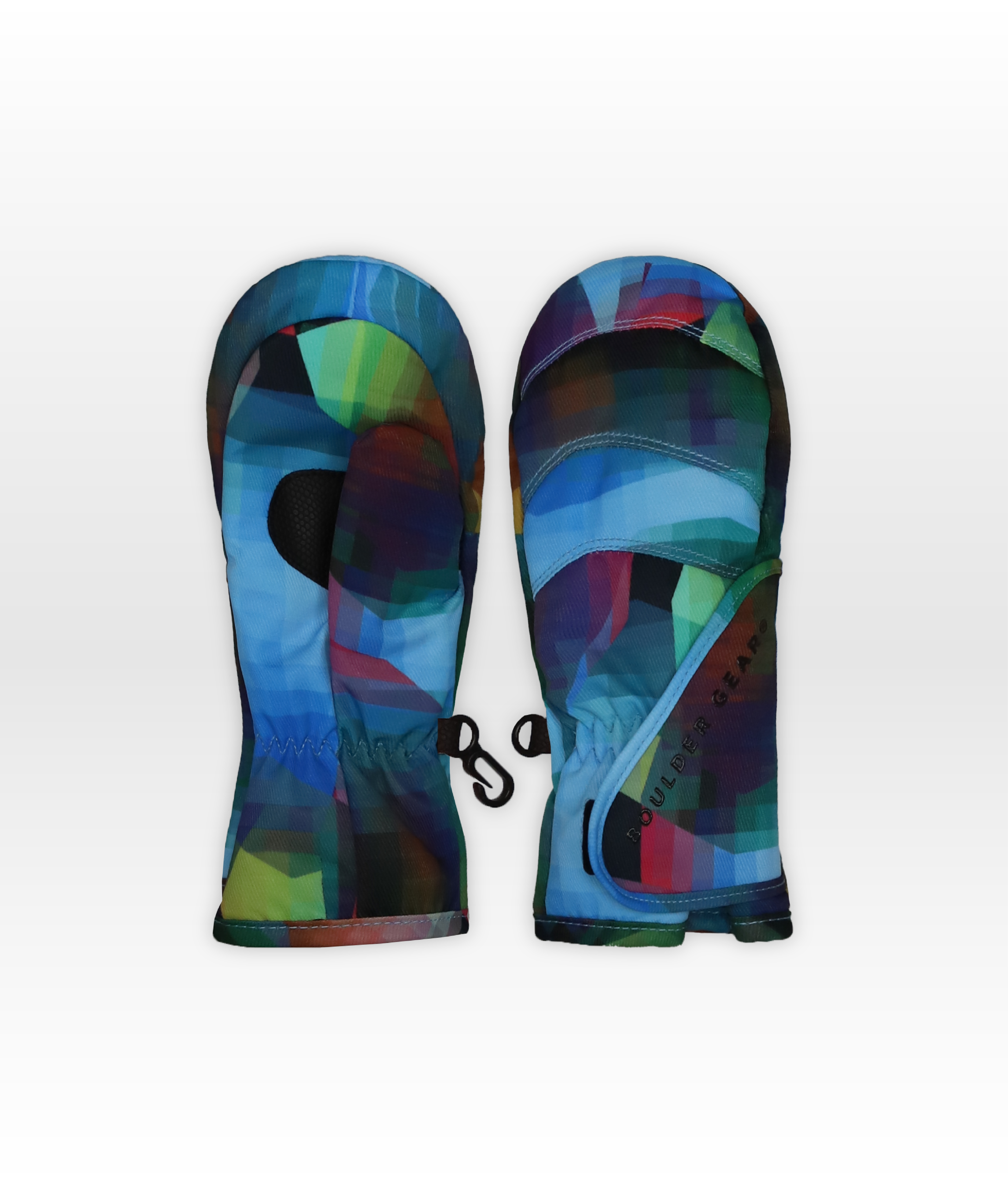 Colorful abstract-patterned mittens on a white background