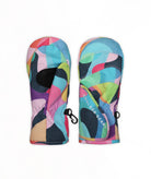 A pair of winter mittens in a colorful geometric pattern, shown against a plain white background.