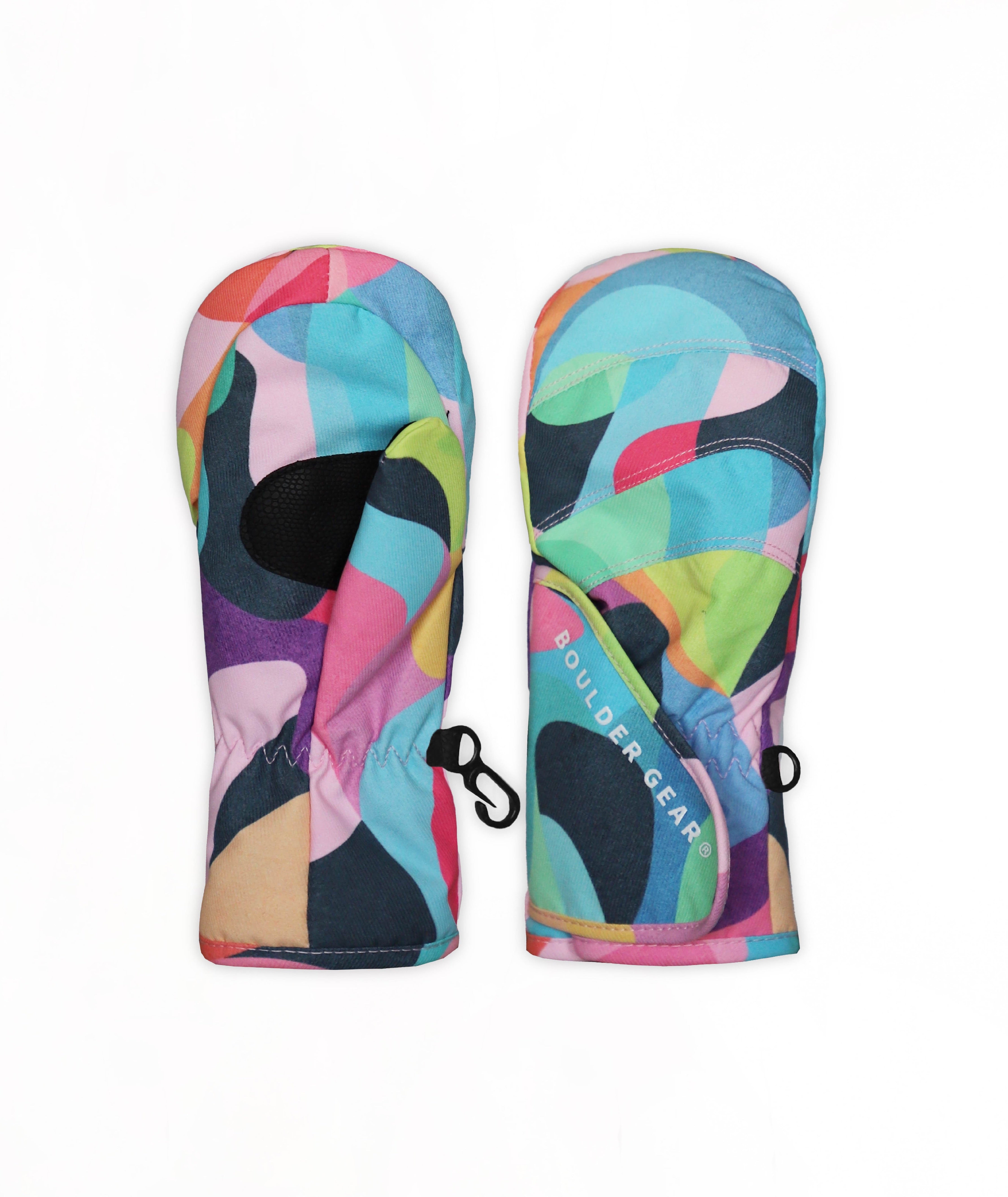 A pair of winter mittens in a colorful geometric pattern, shown against a plain white background.