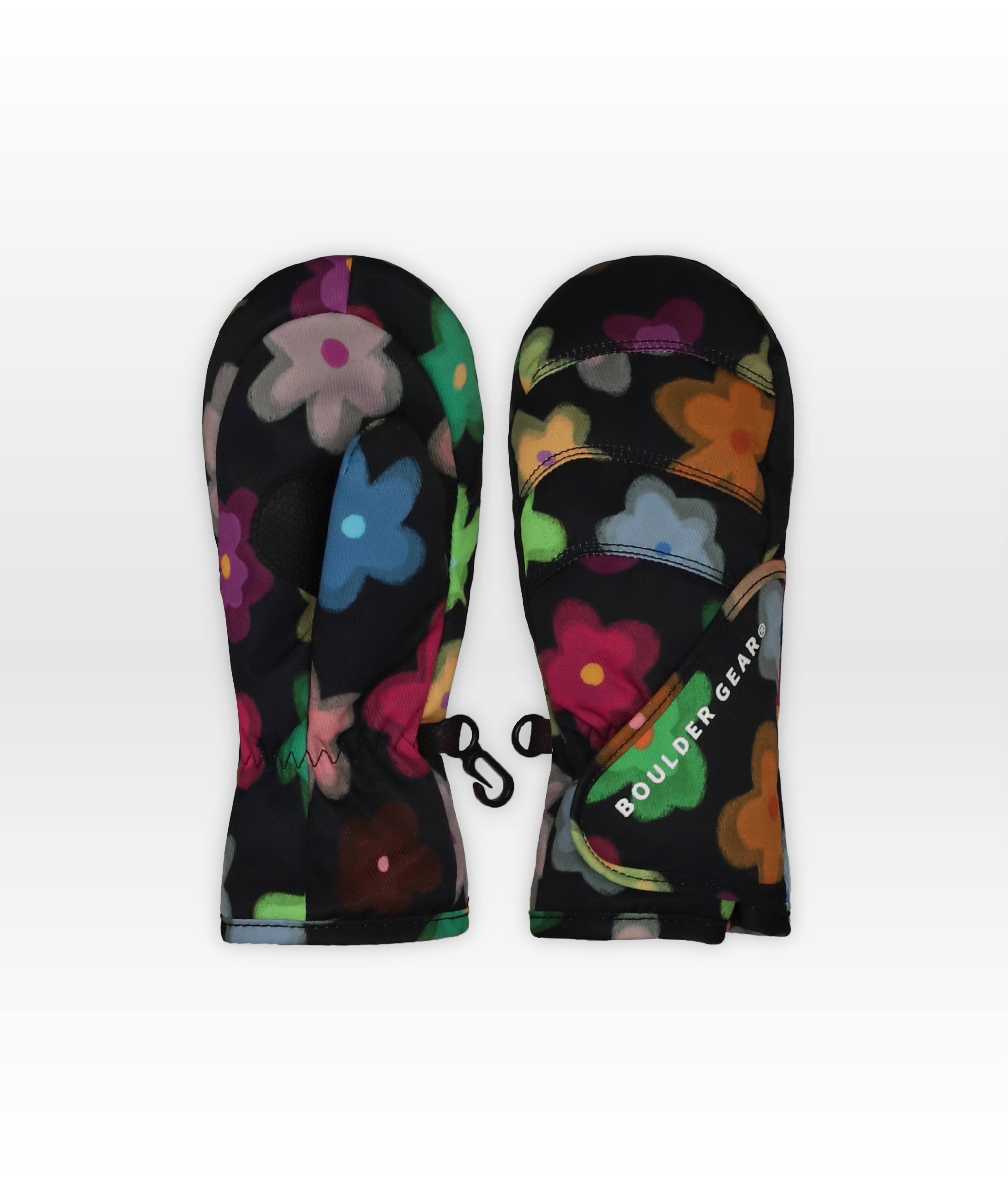 Pair of colorful mittens with floral patterns on a white background