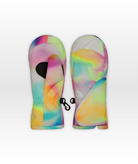 Colorful tie-dye mittens on a white background