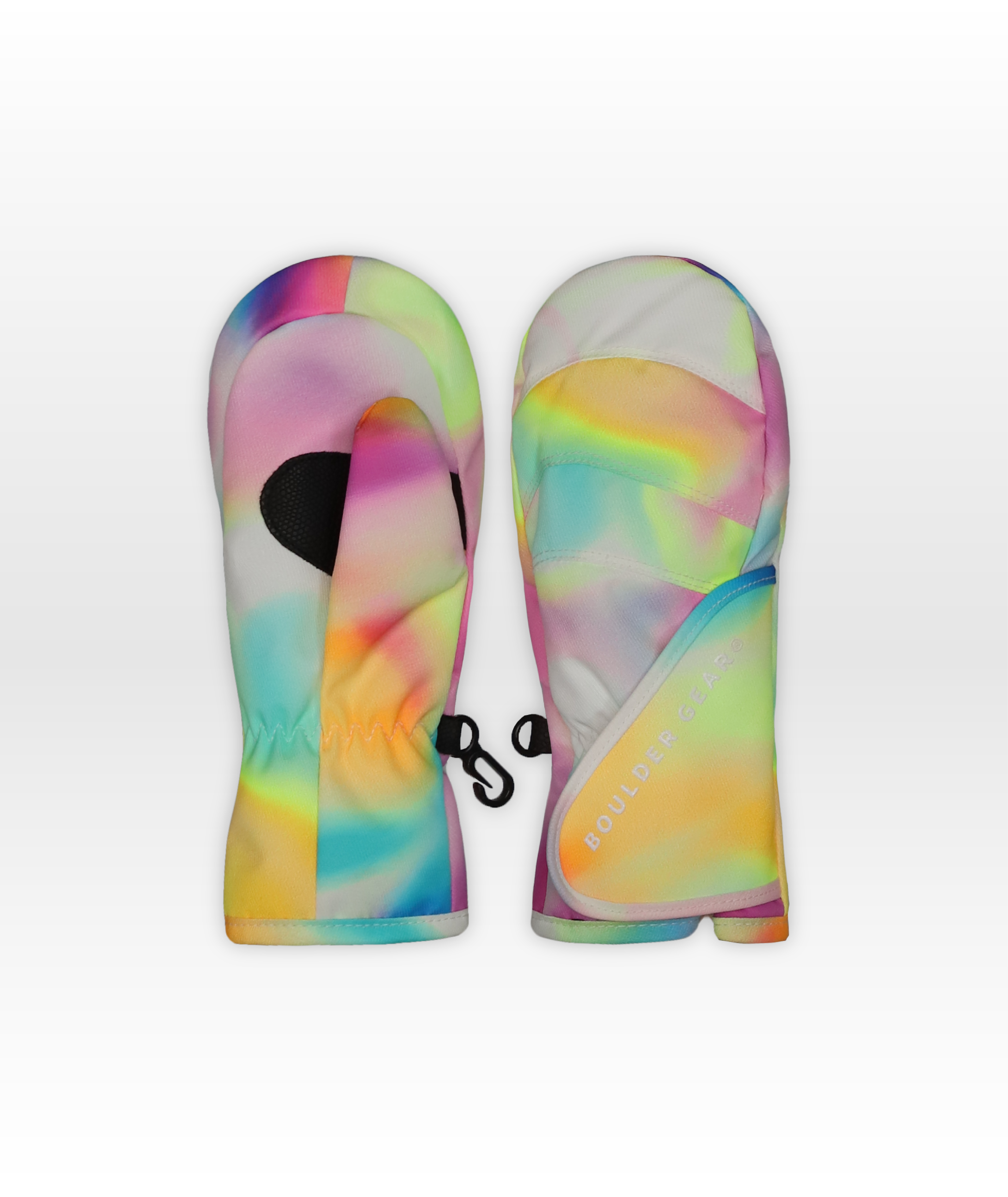 Colorful tie-dye mittens on a white background