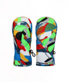 A pair of winter mittens in a colorful camo pattern, shown against a plain white background.