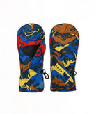 A pair of winter mittens in a colorful mountain pattern, shown against a plain white background.