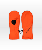 Pair of orange mittens with a black logo on a white background