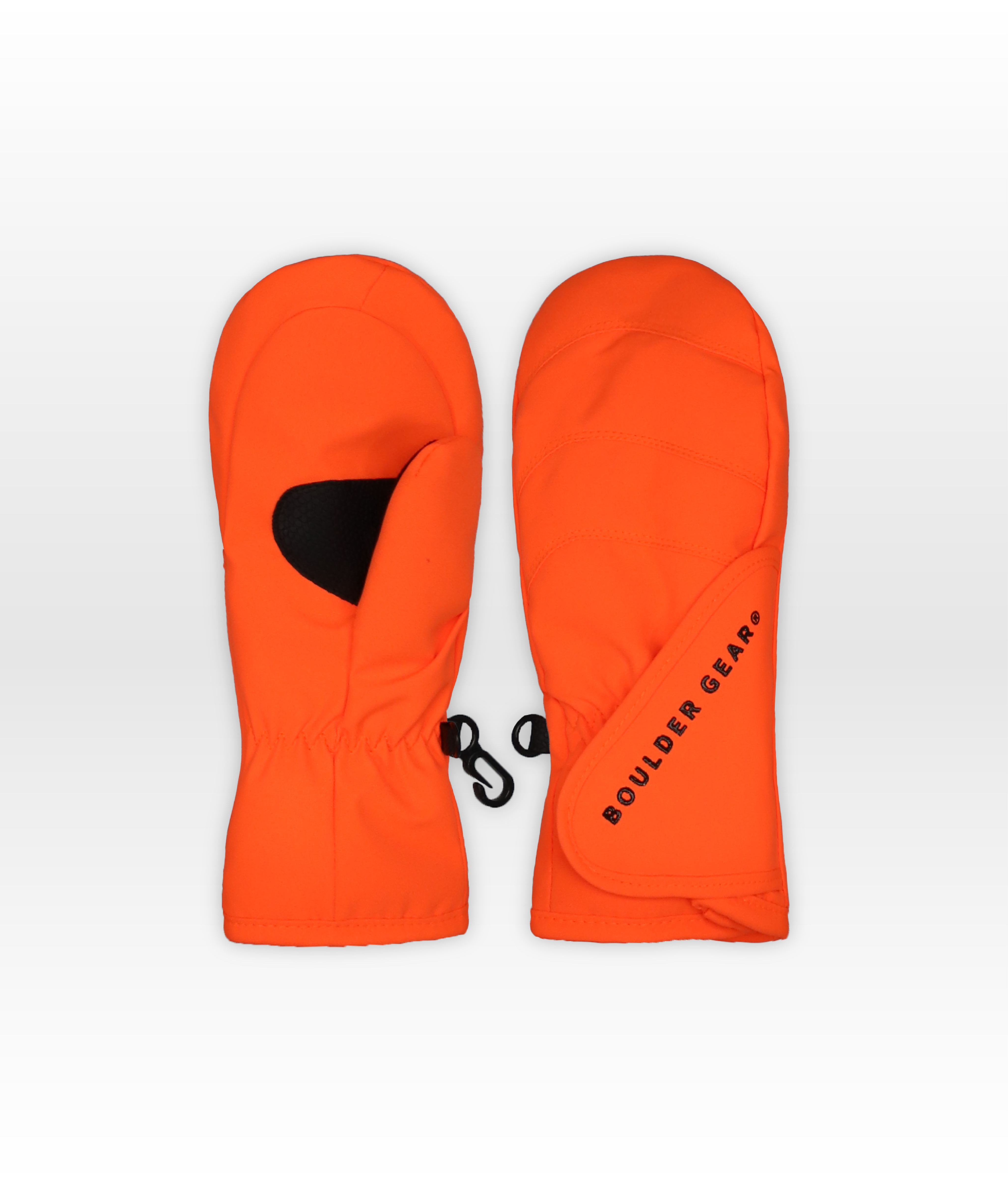 Pair of orange mittens with a black logo on a white background