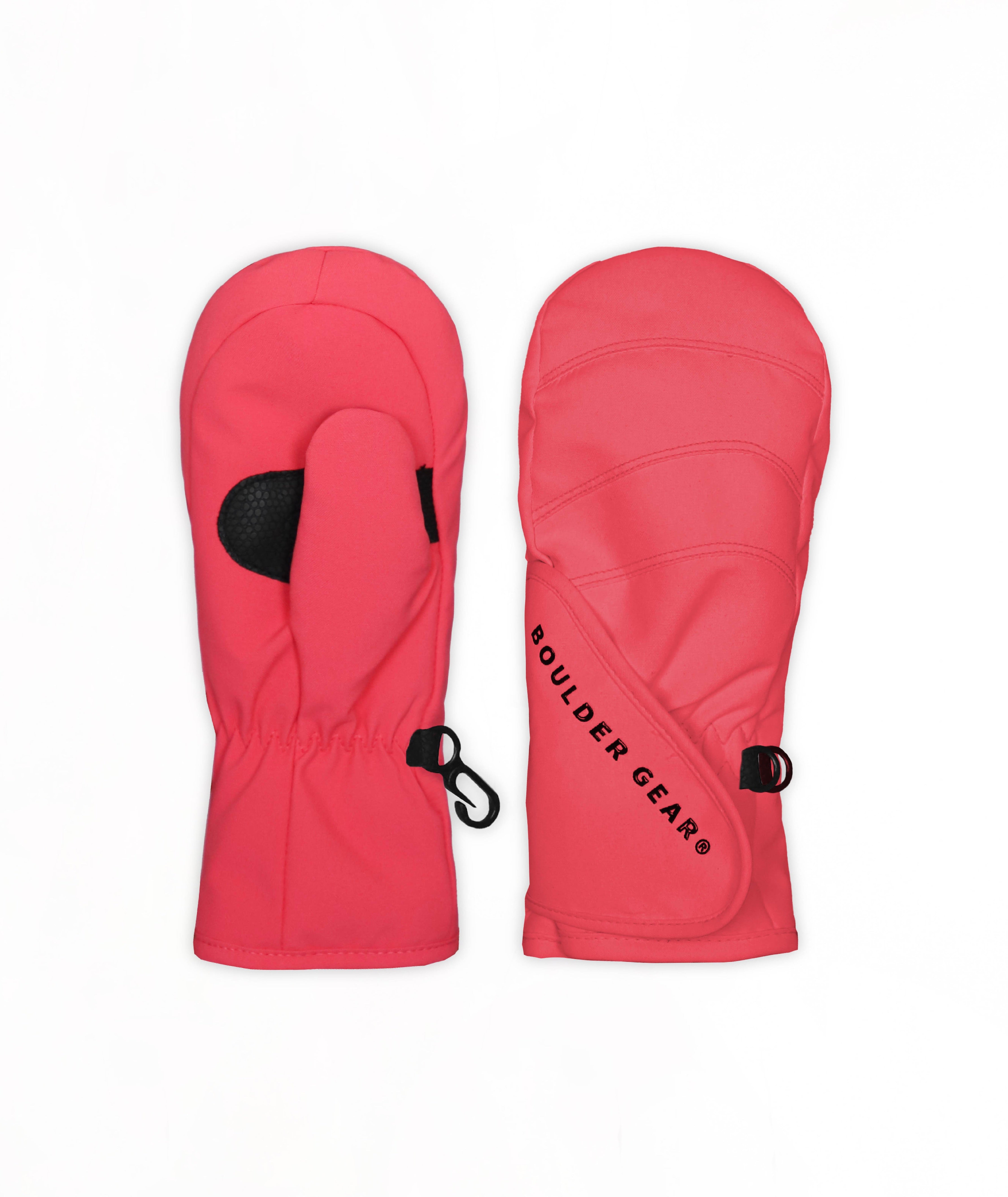 A pair of winter mittens in a coral pink, shown against a plain white background.