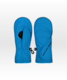 Pair of blue mittens with a brand logo on a white background