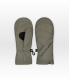 Pair of beige mittens with a visible brand logo on a white background