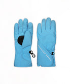 A pair of light blue ski gloves with a black grip patch and a small black carabiner, shown against a plain white background.