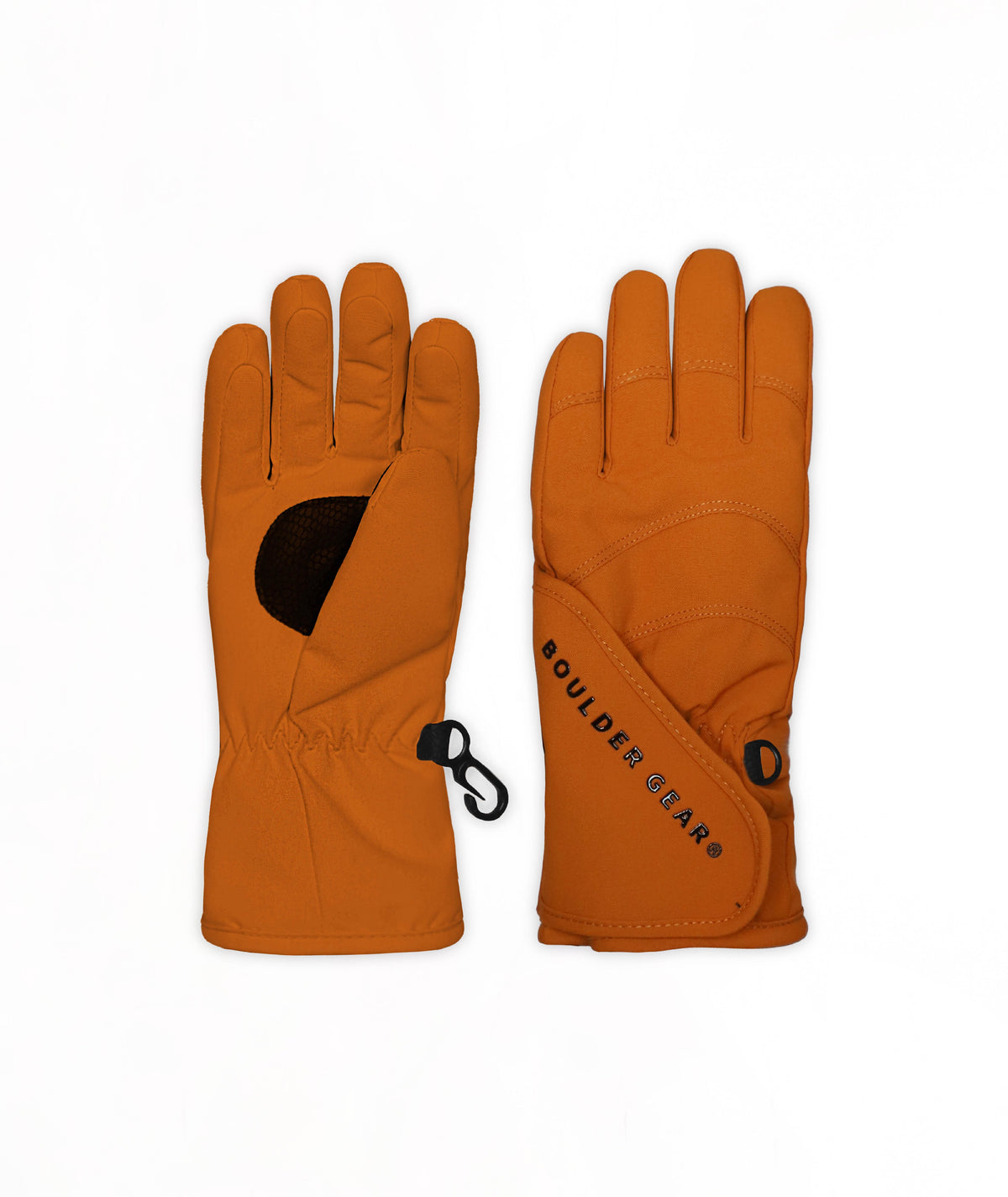A pair of rust brown ski gloves with a black grip patch and a small black carabiner, shown against a plain white background.