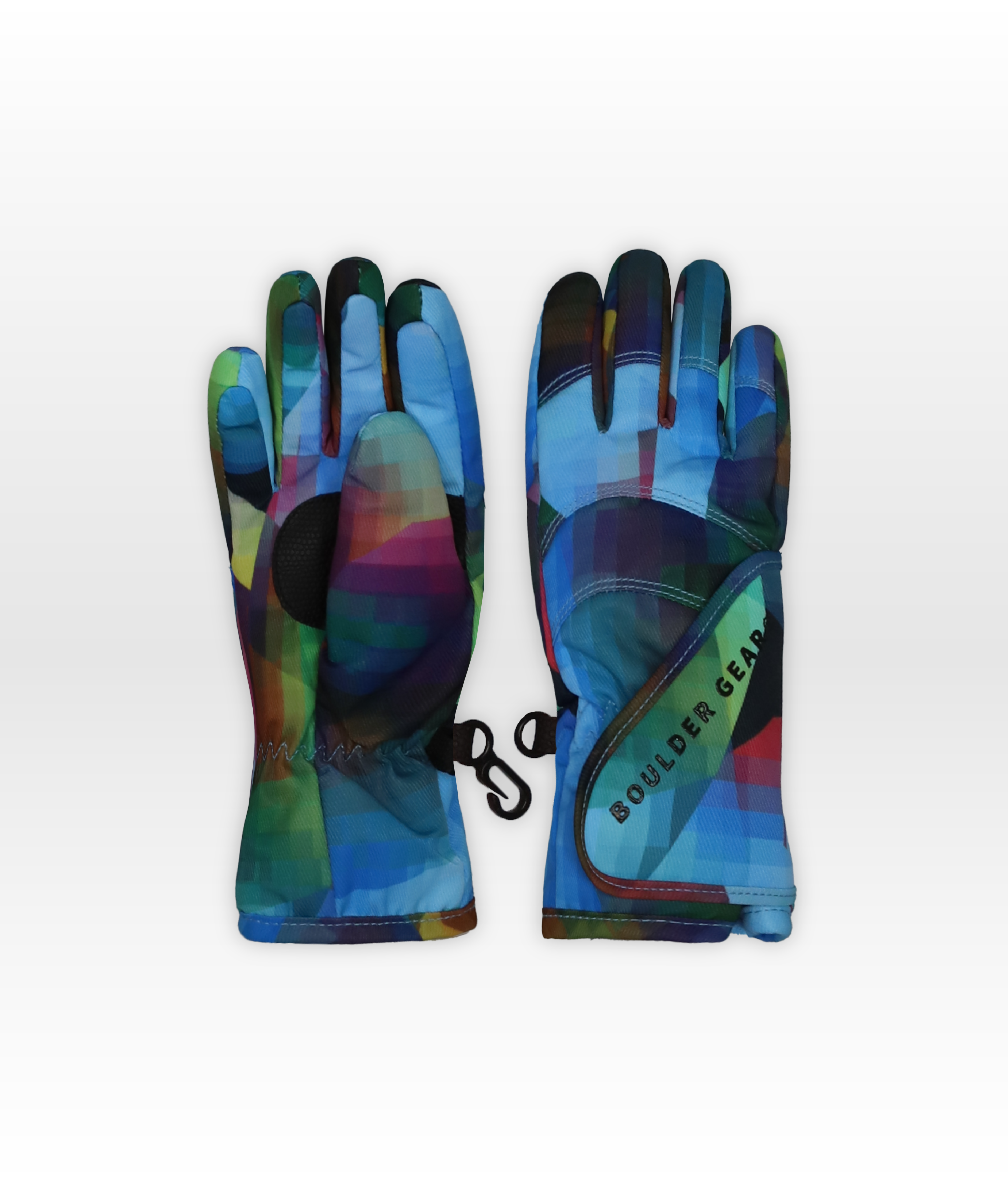 Colorful digital pattern gloves on a white background