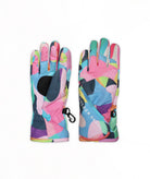 A pair of colorful ski gloves with a vibrant geometric patchwork pattern in pink, blue, green, and purple, displayed flat against a white background.
