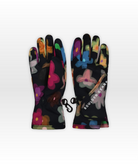 Pair of colorful gloves with floral patterns on a white background