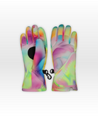 Colorful gloves with a tie-dye pattern on a white background