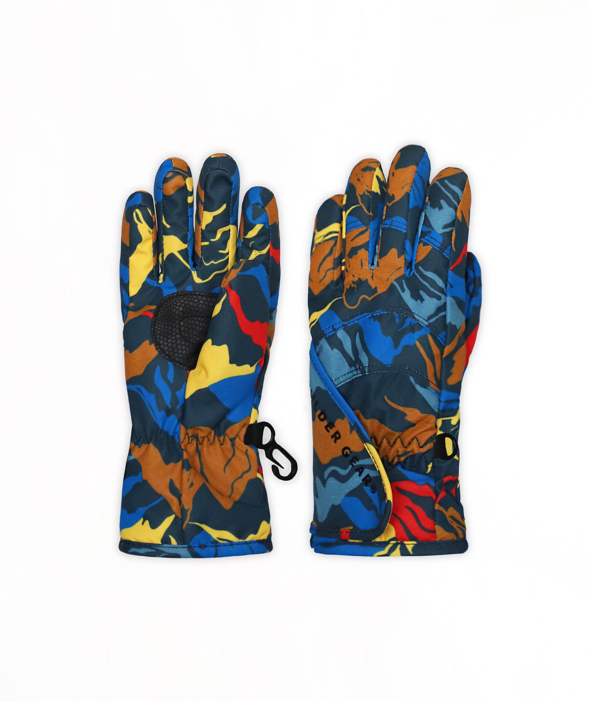 A pair of multicolor mountain pattern ski gloves with a black grip patch and a small black carabiner, shown against a plain white background.