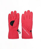 A pair of bright pink ski gloves with a black grip patch and a small black carabiner, shown against a plain white background.