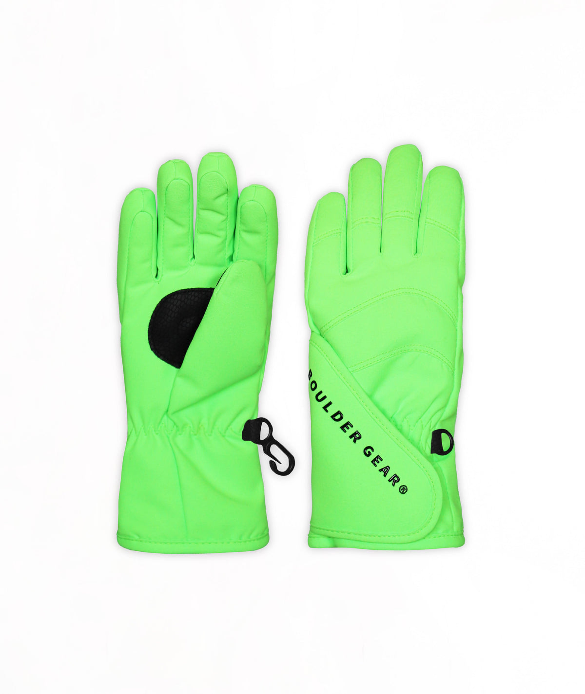 A pair of neon green ski gloves with a black grip patch and a small black carabiner, shown against a plain white background.