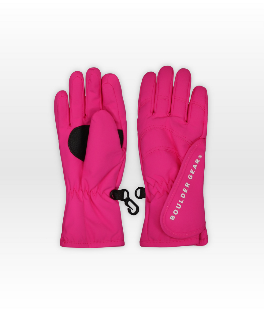 Pair of pink gloves with a visible brand logo on a white background