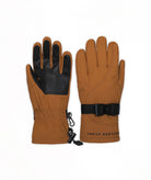 A pair of tan winter gloves shown against a plain white background, with one glove displaying the textured black palm side and the other showing the tan back with a black wrist strap and buckle.