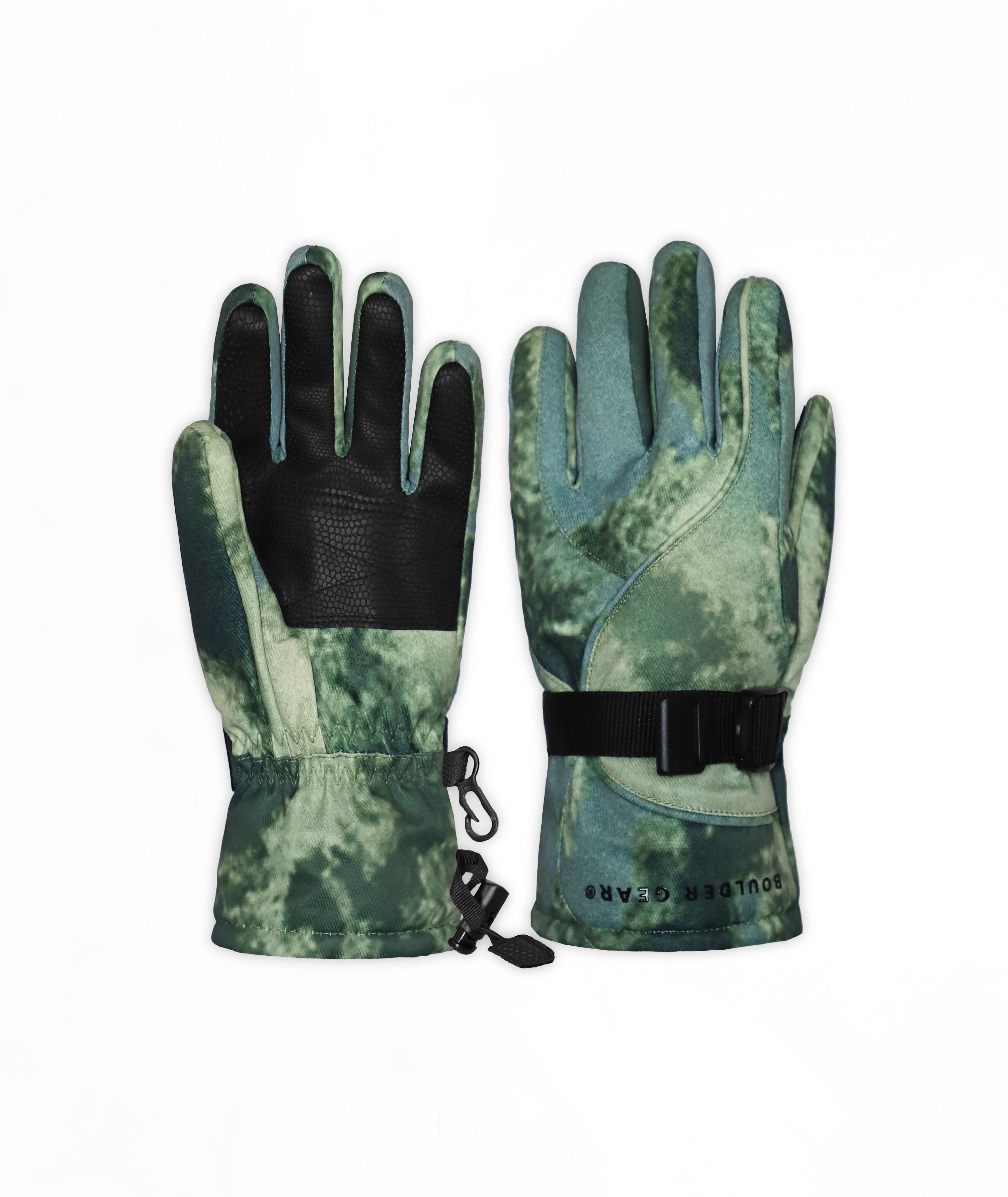 A pair of winter gloves with a green and black camouflage pattern, featuring black palms and wrists, shown against a plain white background.
