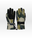Camouflage-patterned gloves with a black strap on a white background