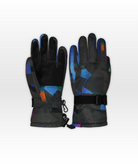 Pair of black gloves with colorful pattern on a white background